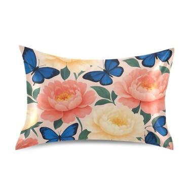 Imagem de Fronhas de cetim borboleta azul flor peônia rosa engraçado resfriamento padrão queen king size fronha de cama estampa floral macio tamanho padrão 66.0 cm x 50.8 cm