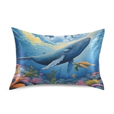 Imagem de Fronhas legais de cetim de baleia azul mar desenho animado padrão de resfriamento Queen King fronhas personalizadas para quarto estético travesseiro tamanho padrão 66 cm x 50 cm