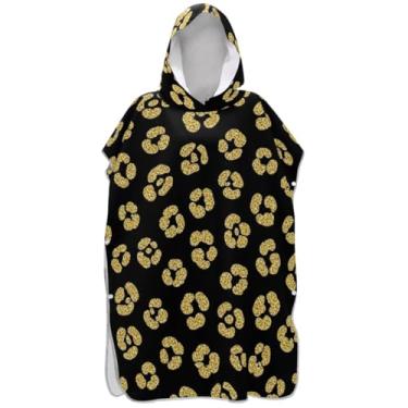 Imagem de Joisal Roupão preto com estampa de leopardo dourado para adultos, poncho de surfe, reutilizável, masculino, feminino, com capuz, toalha de banho com capuz