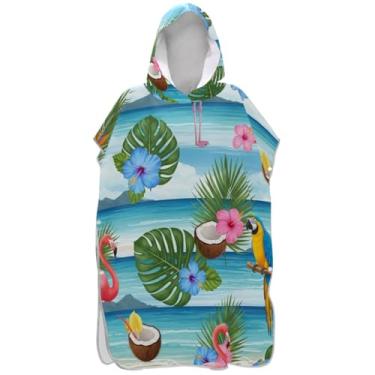 Imagem de Joisal Trocador de flores tropicais flamingo papagaio surfe roupão para adultos toalha de banho com capuz de praia plus size ponchos de praia para homens