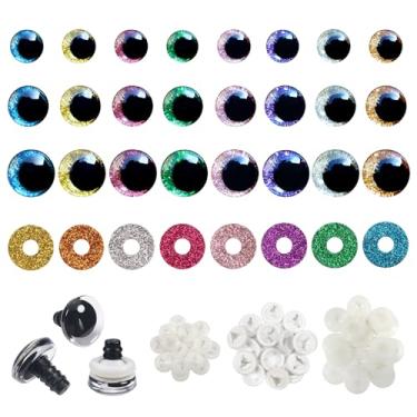 Imagem de TOAOB Conjunto de 48 olhos de segurança com glitter de plástico para Amigurumis 12 mm, 14 mm, 20 mm, multicolorido, redondo, artesanato, crochê, 48 peças, arruelas, 8 cores para fazer animais de