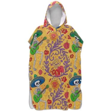 Imagem de Joisal Poncho de surfe para adultos trocador de roupa de banho com capuz bonito ponchos de praia de secagem rápida para homens esqueleto floral flor laranja