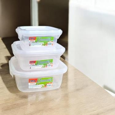 Imagem de Kit 3 Potes Travas Quadrado 400/850/1500ml Freezer Microondas Transparente Reutilizavel
