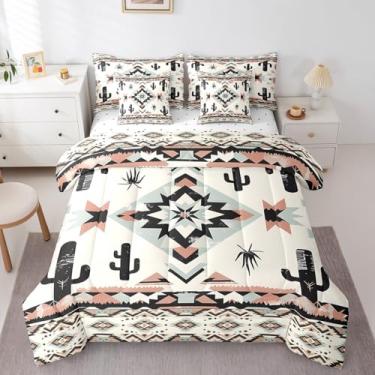 Imagem de Erosebridal Jogo de cama casal com 7 peças, asteca ocidental, cacto, para crianças, meninos, meninas, sudoeste, nativo americano, navajo, conjunto de lençol em uma bolsa, tribal, geométrico, étnico