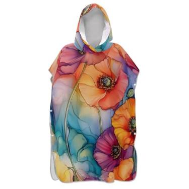 Imagem de Poncho de surf colorido floral combinando cores para adultos roupão com capuz toalha de natação bonito leve feminino ponchos com capuz