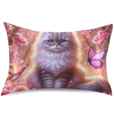 Imagem de Capa de almofada macia com estampa de gato rosa Ragdoll flores de cetim para resfriamento de cabelo, capa de travesseiro padrão King Queen, tamanho padrão, 66 cm x 50 cm
