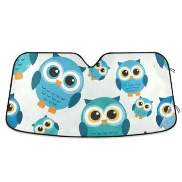 Imagem de Protetor solar personalizado fofo azul petróleo corujas carro para-brisa engraçado dobrável universal automotivo protetor solar S, 134,6 cm x 59,7 cm