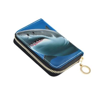 Imagem de Carteira de couro feminina com porta-cartões, bloqueio de RFID, zíper ao redor, carteira de dinheiro de viagem com bolso para moedas, desenho animado legal, branco, tubarão azul