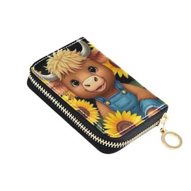 Imagem de Carteira feminina com porta-cartões com bloqueio de RFID, zíper ao redor de couro, carteira masculina com bolso para moedas, desenho animado de vaca highland girassol