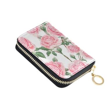 Imagem de Carteira de couro feminina, 9 compartimentos para cartão de crédito e 2 compartimentos para dinheiro, pequeno zíper para cartão e porta-dinheiro, rosa e branco