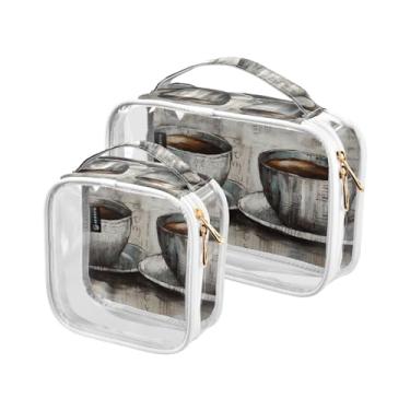 Imagem de GAIGEO Conjunto de 2 bolsas de maquiagem transparente para animais de ovelha, plantas, verde-petróleo, colagem, bolsa de viagem, produto de cabelo, Tábua de madeira retrô para café, one size