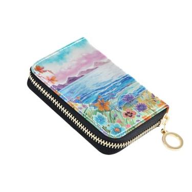 Imagem de Carteira feminina aquarela flores mar pequeno porta-cartões carteira de viagem colorida bloqueio RFID com zíper