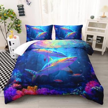 Imagem de AILONEN Conjunto de edredom de tubarão, tamanho casal, tubarão azul, peixe, oceano, para crianças, meninos e meninas, estampa de coral colorido, com 2 fronhas, 3 peças