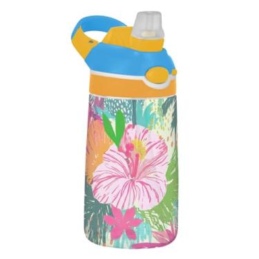 Imagem de Garrafa de água infantil com folhas de flores coloridas, 473 ml, garrafa de água de plástico reutilizável com tampa de palha, copo infantil portátil à prova de vazamento, alça de transporte