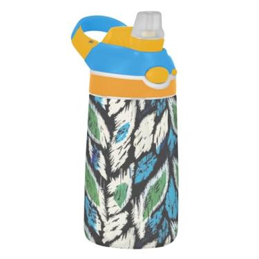 Imagem de Garrafa de água infantil Artística Ikat Blue Green Leaf 473 ml Tritan garrafa de água de plástico reutilizável com tampa de canudo 473 ml copo infantil portátil à prova de vazamento, alça de