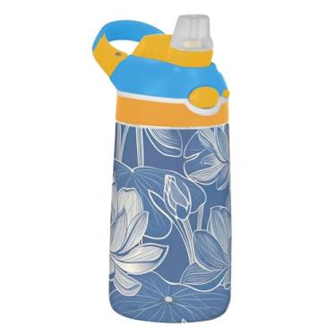 Imagem de Garrafa de água infantil elegante de flores de lótus com canudo 473 ml Tritan 473 ml Garrafa de água esportiva reutilizável à prova de vazamento, copo infantil, portátil, alça de transporte