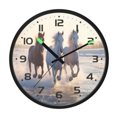 Imagem de SEHANY Relógio de parede artístico majestoso cavalos silencioso, sem tique-taque, relógio redondo operado por bateria, controle de som, luz noturna, relógios de parede para sala de estar, cozinha