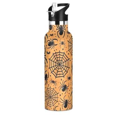 Imagem de Joisal Garrafas de água de aço inoxidável de 590 ml com tampa e alça de palha, garrafas de água escolares à prova de vazamento, copos infantis isolados sem BPA, teias de aranha pretas