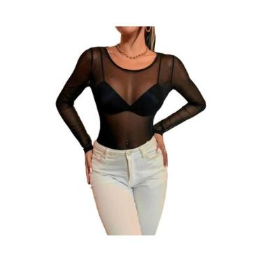 Imagem de Camiseta Feminina Preta Sexy De Manga Longa Em Malha Transparente, Cam