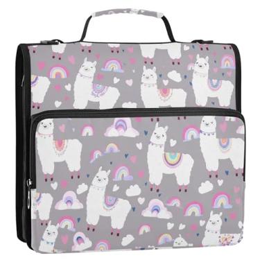 Imagem de Lindo organizador de fichário cinza decorativo de lhama com zíper de 3 cm para fichários escolares resistentes com alça de ombro, portfólio e estojo para pasta de anel