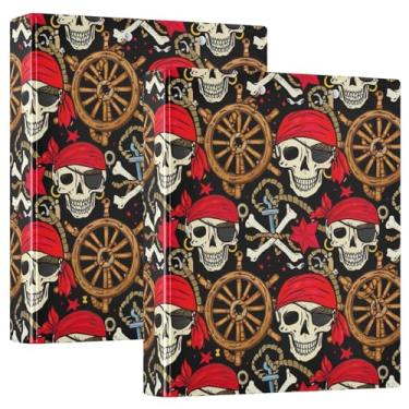 Imagem de Bandanas vermelhas personalizadas com caveiras de pirata pretas com 3 argolas de 3 cm, 200 folhas, pastas, caderno, fichário de escritório, 31,5 x 27 x 6 cm, 1 pacote