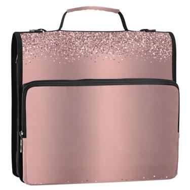 Imagem de Fichário rosa dourado rosa 3,8 cm 3 anéis organizador de fichários com zíper bolsa escolar com alça de ombro, vários bolsos, pasta grande para portfólio