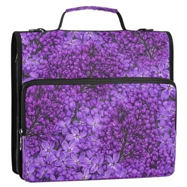Imagem de Fichário floral com 3 anéis de flores roxas vibrantes de 3,8 cm D fichário organizador com zíper com alça bolsa escolar estojo portfólio de armazenamento com alça