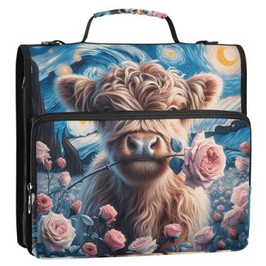 Imagem de 3 fichários para fichários de 3,8 cm, anel D de vaca Highland, gado fofo, rosa, com zíper, fichário com alça, bolsa de ensino médio, pasta de portfólio de armazenamento de estudantes com alça