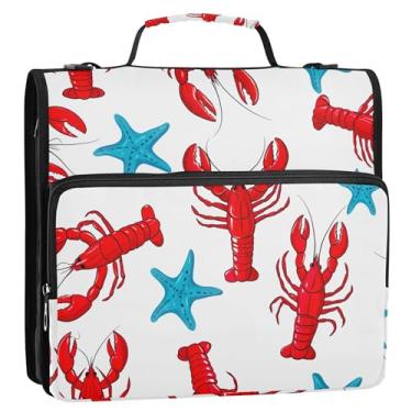 Imagem de Fichários coloridos de 3 anéis, anel D de 3 cm, lagostas vermelhas, estrela-do-mar azul, estojo organizador de portfólio de armazenamento com alça para fichário do ensino médio com alça