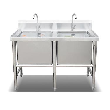 Imagem de Pia utilitária com 2 compartimentos, pia utilitária comercial de aço inoxidável, pia de preparação de cozinha para restaurante, cozinha, lavanderia, ao ar livre, 99.8 cm L x 39.9 cm P x 95.0 cm A