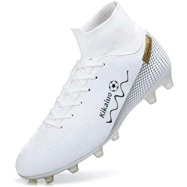 Imagem de Kikaluo Chuteiras de futebol masculinas chuteiras de futebol cano alto com cadarço antiderrapante Spikes tênis esportivo de beisebol lacrosse, Branco-1150l, 42