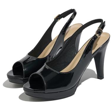 Imagem de Lyngixko Sapato feminino sexy de salto alto peep toe tira no tornozelo plataforma bloco slingback sapato feminino, Preto, 41