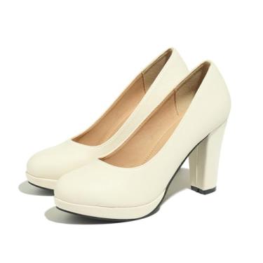 Imagem de Lyngixko Sapato social feminino salto alto grosso salto bloco fechado bico redondo salto confortável, Branco, 36