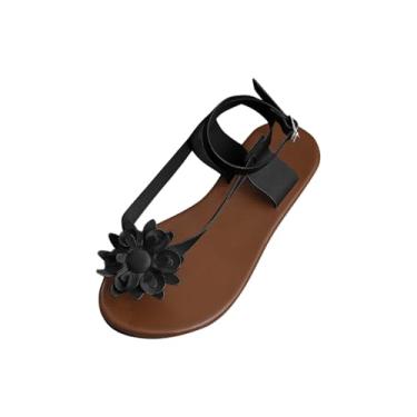 Imagem de Sandália feminina fashion casual primavera e verão praia versátil cor sólida flor clip-toe sandálias rasteiras, Preto, 36