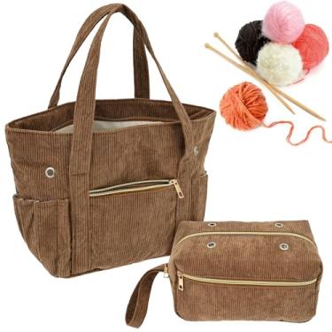 Imagem de Bolsa de crochê de veludo cotelê, bolsa grande de 29 cm para projetos de crochê e tricô com suporte de agulha de ilhós, organizador de bolsa de tricô para gancho, acessório de ferramentas, presente