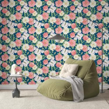 Imagem de CHIHUT Papel de parede floral autoadesivo removível de 45 x 254 cm para armários azul marinho impermeável papel de parede floral para banheiro revestimento de parede decorativo rolo de vinil