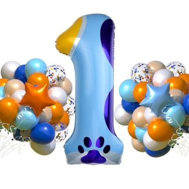 Imagem de Conjunto de balões número 1 com tema de pata de cachorro azul de 101,6 cm, 63 peças, balões de látex azul e laranja de 30,5 cm para decorações vibrantes de festa de 1º aniversário de pata de cachorro