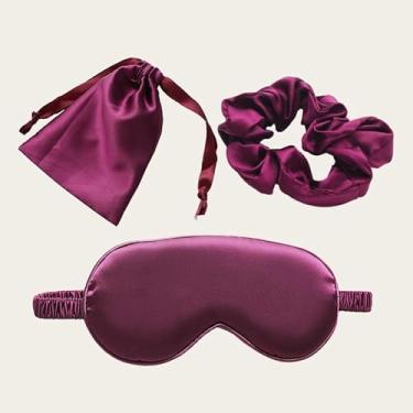 Imagem de Máscara para dormir para os olhos, conjunto de laços de cabelo venda noturna com bolsas de armazenamento, capa para os olhos macia e respirável para viagem feminina (roxo escuro)