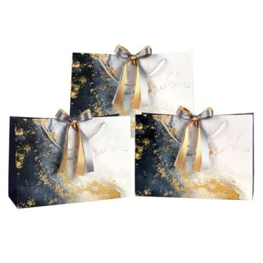 Imagem de DONQE Sacos de presente de papel com alças e fita de laço, 3 peças de 36 x 24 × 24 x 11 cm, sacolas reutilizáveis de lembrancinhas de festa para aniversário, Natal e casamento