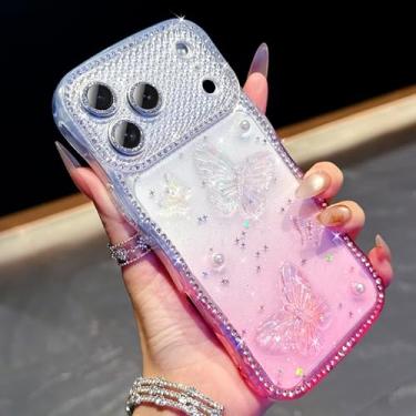 Imagem de QVLANG Capa com glitter para iPhone 17 Pro Max, design 3D de borboletas e pérolas com moldura ondulada, bordas revestidas de diamante e protetor de câmera integrado, linda capa de telefone brilhante