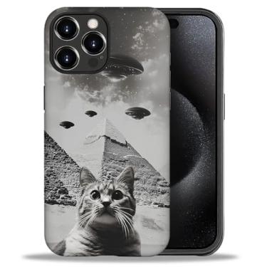 Imagem de FKBRCL4U Capa híbrida para iPhone 16 Pro, capa protetora fosca de silicone híbrida de 2 camadas para meninas e mulheres para iPhone 16 Pro, engraçada, retrô, pirâmide de gato, padrão OVNI