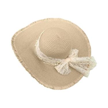 Imagem de Chapéu De Palha Feminino De Aba Larga Estilo Francês Com Laço De Renda