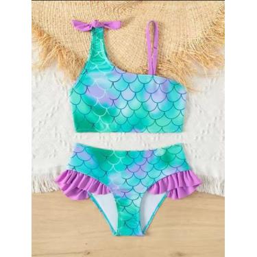 Imagem de Biquíni Maiô Escamas Sereia Ariel Babado Laço Rosa Lilás F Tamanho:7 a