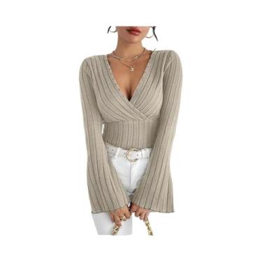 Imagem de Camiseta Feminina Slim Fit De Manga Longa Com Decote Em V Listrada Par