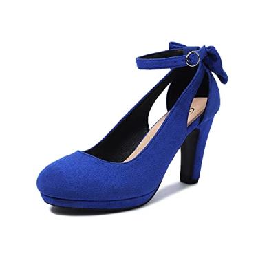 Imagem de Elerhythm Sapatos femininos Mary Jane de salto com laço retrô fechado bico redondo camurça tira no tornozelo Gatsby Vintage Sweet Office Daily Dress Shoes, Azul royal, 37