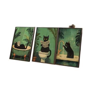 Imagem de Conjunto De 3 Quadros De Arte De Parede Para Banheiro Gato Preto, Esta