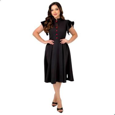 Imagem de Vestido Feminino Midi Godê Mangas Curta Gola Redonda Botões Funcionais