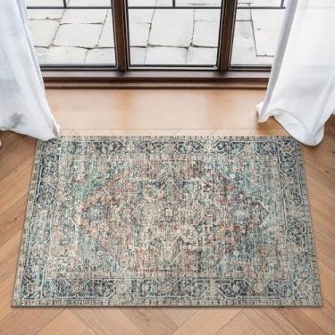 Imagem de Bloom Rugs Tapete lavável antiderrapante 2x3 - azul verde/tangerina tradicional tapete de área oriental para sala de estar, quarto, sala de jantar e cozinha - Tamanho exato: 5 x 7 cm