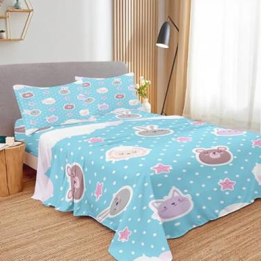 Imagem de SNcek Jogo de lençol solteiro com desenho animado de coelho, gato, microfibra macia e respirável, lençol de cima e fronhas