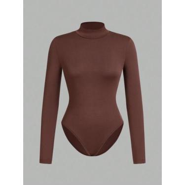 Imagem de Leggings femininas de manga comprida com gola alta, cor sólida, casual